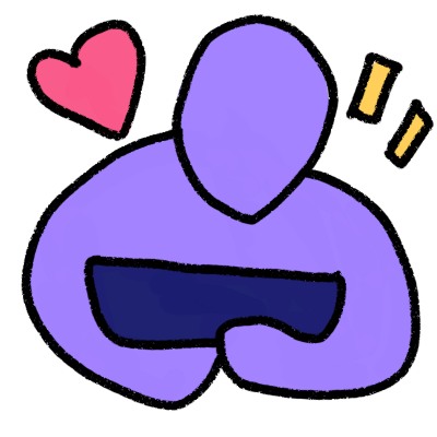 a light purple figure holding a dark blue shape in its arms. to one side of its head is a pink heart, to the right are two yellow emphasis lines